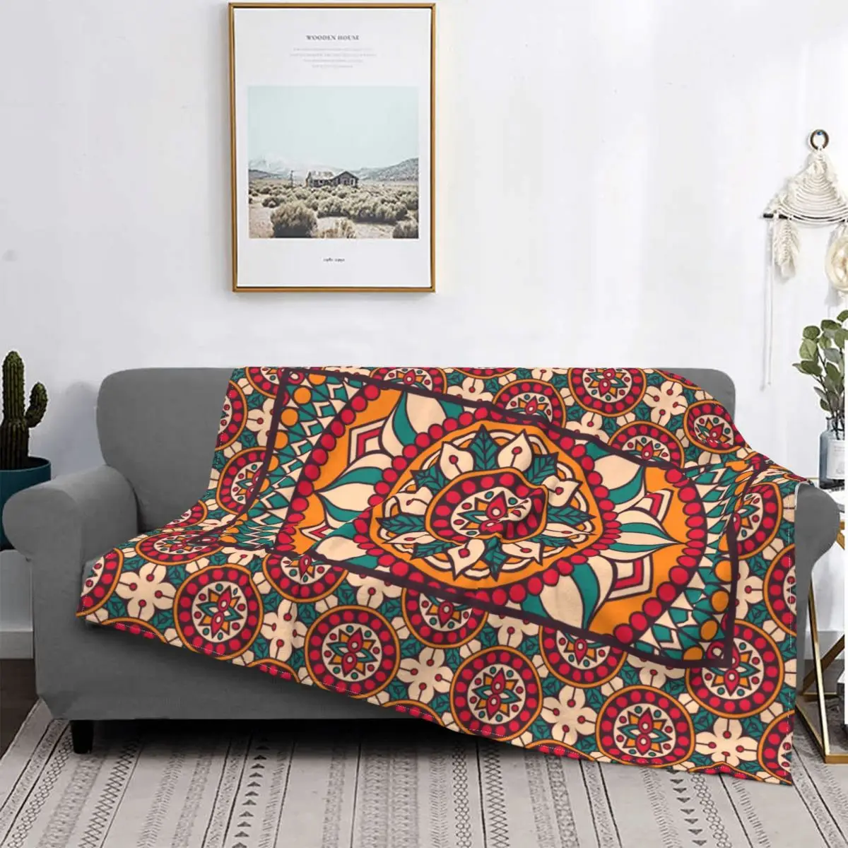 Геометрическое винтажное одеяло в богемном стиле с узором флисовое