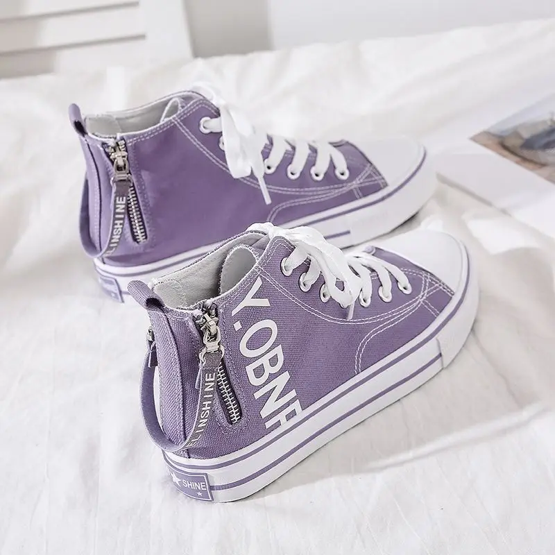 

new all-match women casual shoes mixed colors zipper middle heels lace-up high tops canvas shoes