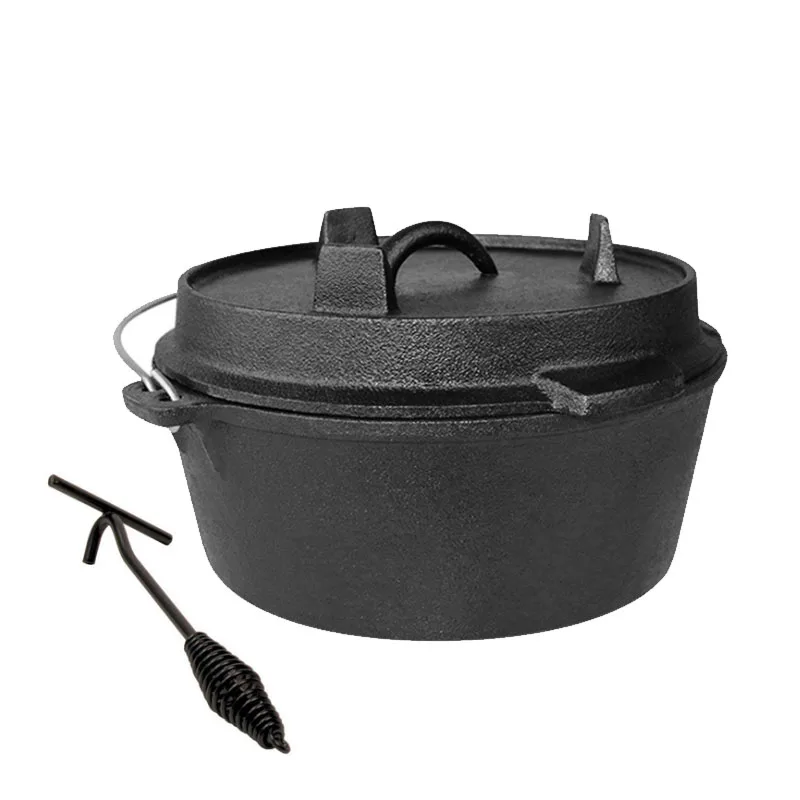 

25cm Cast Iron Dutch Oven Camping Pot Uncoated Cast Iron Dutch Pot Multi-function Outdoor Stew Pot Barbecue Pot Soup Picnic Pot