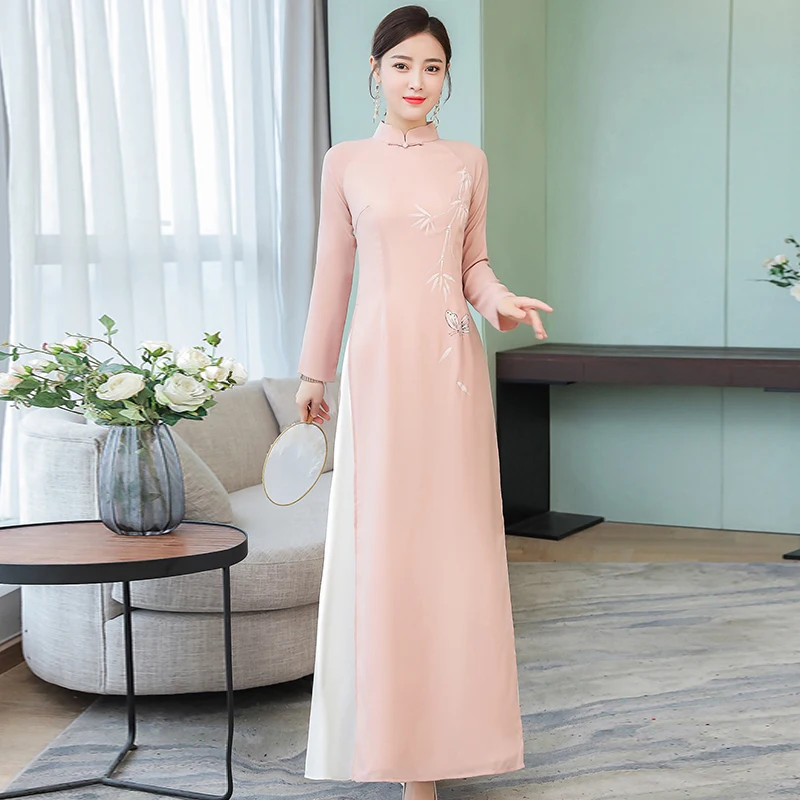 Вьетнамский Ао Дай платья Cheongsam народный стиль шифон Aodai Dulce стоячий воротник