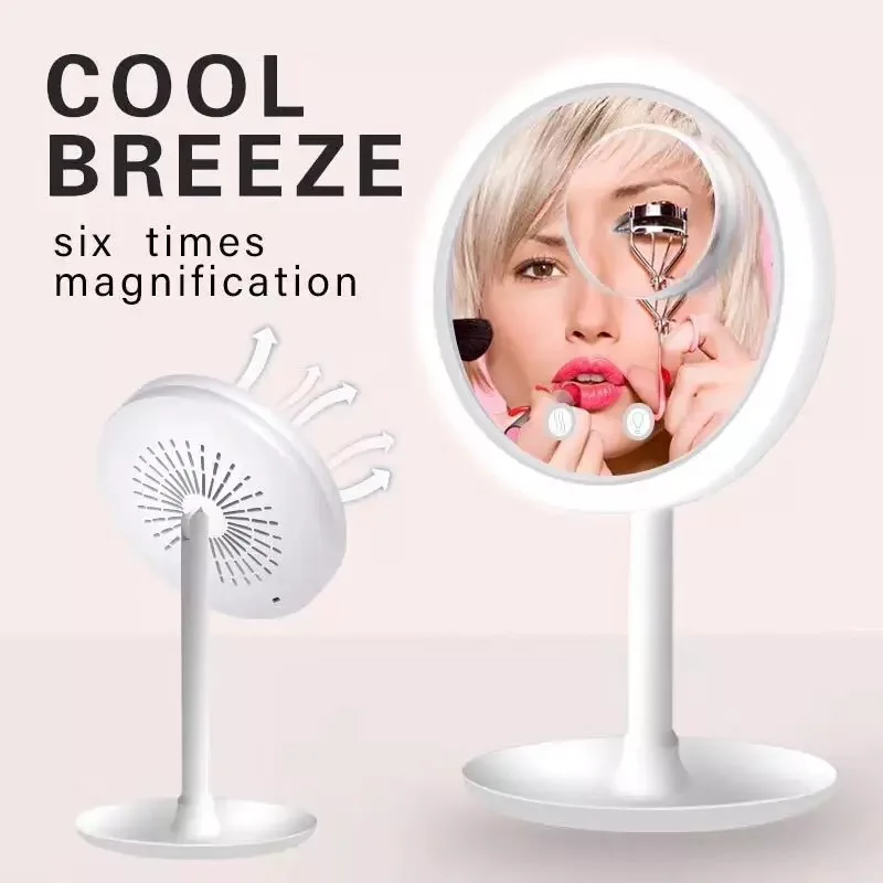 

LED Makeup Mirror With Fan Desktop Foldable Touch Screen Makeup Mirrors Fill Light 5 Times Magnification 3 in1 LED Vanity Mirror