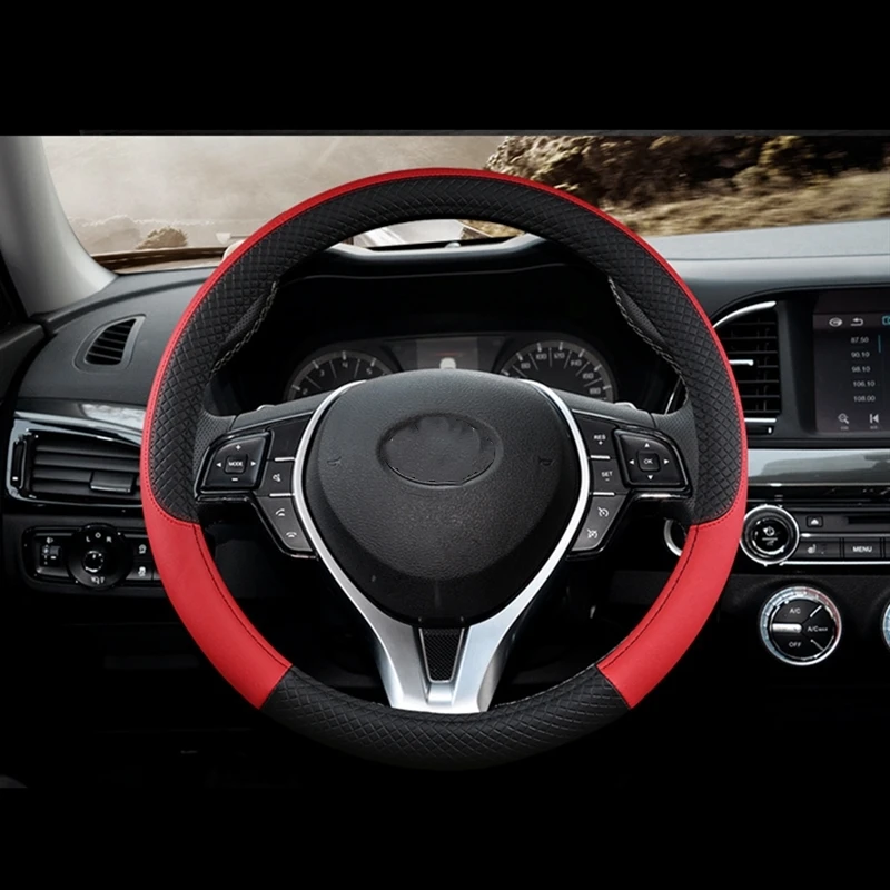 Black red Чехол рулевого колеса автомобиля Skidproof Авто Крышка рулевого колеса Противоскользящий Универсальный тиснение кожа автомобиль-Стайлинг - Название цвета: Black red