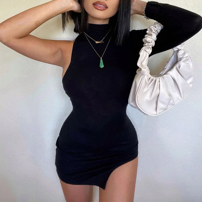 

Lady Black Turtleneck Irregular One-side Off Shoulder Mini Dresses Empire Vestidos Sexy Sheath Gothic Women Dress 2022 Summer