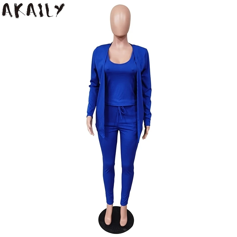 

AKAILY Tracksuit Solid Coat Vest Top Split Leggings 3 Three 2 Two Piece Set Women Outfit Bodycon Sweat Suit Matching Sets Female