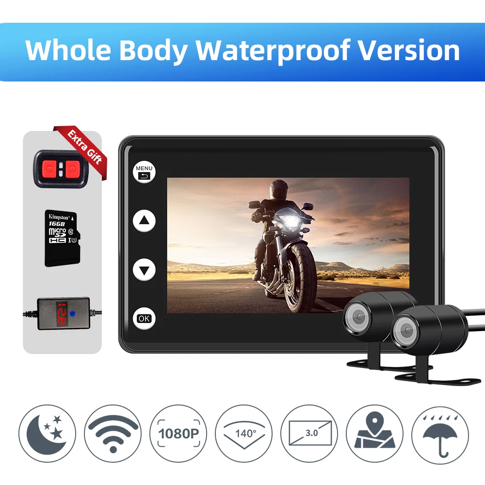 Водонепроницаемый видеорегистратор для мотоцикла Wi Fi 1080P 140 ° с двойной камерой
