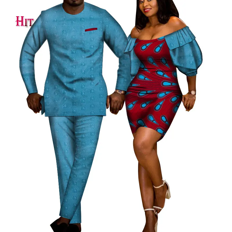 2021African Print Clothes for Lovely Couple Dashiki Sexy Lady Dress and Men Shirt Pant Set Cotton African Couple Clothing WYQ725