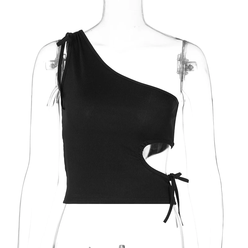 

Ribbed Knitted Women One Shoulder Crop Top Tanks Lace Up Hollow Out Bodycon Sexy Elegant Cute Streetwear 2021 Summer