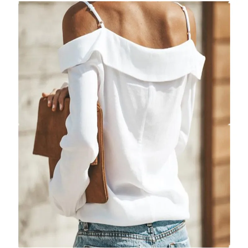 

2020 Spring autumn Fashion Sexy Deep V Neck Women's Spaghetti Straps Shirts Casual Lantern Sleeve Buttons Ladies Shirts
