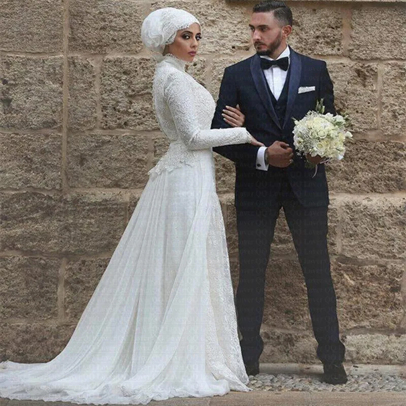 2019 скромное арабское Дубай кружевное свадебное платье es с высоким воротом и