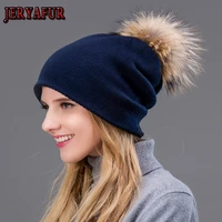 jeryafur winter rabbit fur hat for women real fur pompom slouchy beanies lady warm autumn caps