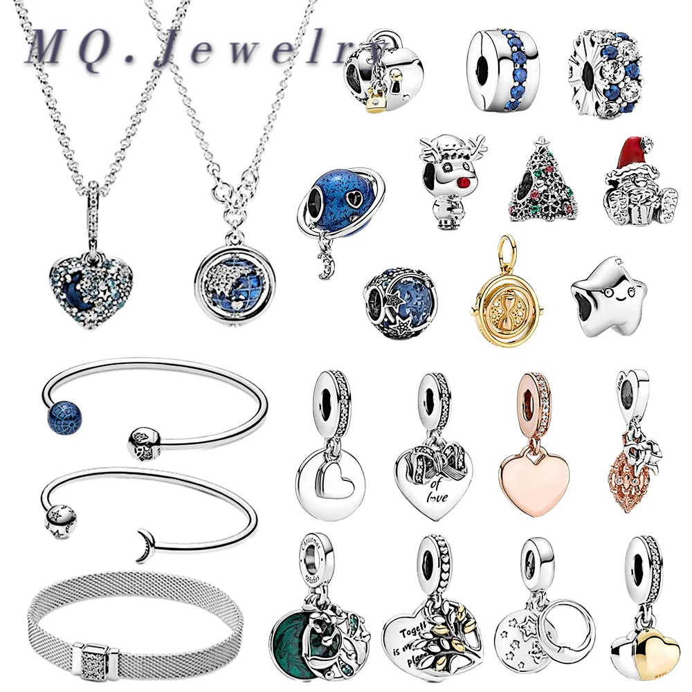 

New 2020 Winter 925 Silver Reindeer Santa Claus Present Christmas Tree Mistletoe Dangle Charm Clip Blue Planet Globe Open Bangle