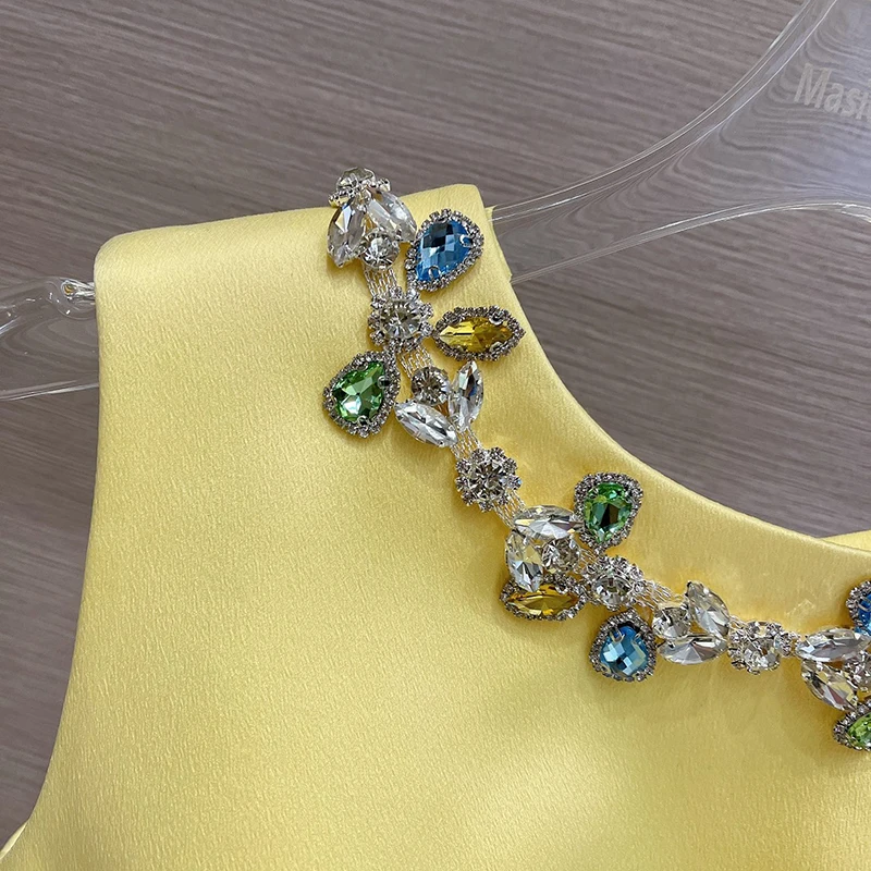 

Casual Patchwork Diamonds Bowknot Dress For Women O Neck Sleeveless High Waist Hit Color Mini Dresses Females Style