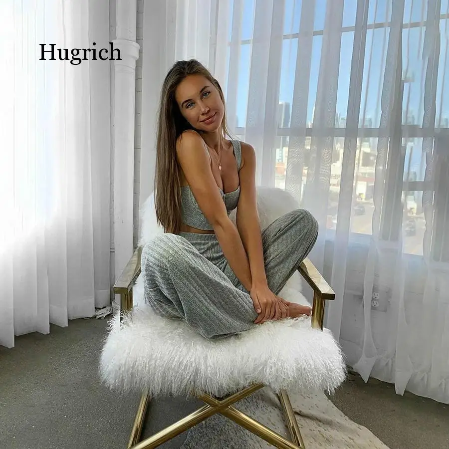 

Knitted Crop Top Camisole Flares Trousers 2 Piece Set 2020 Solid Color Casual Suit Fashion Comfortable Outfit