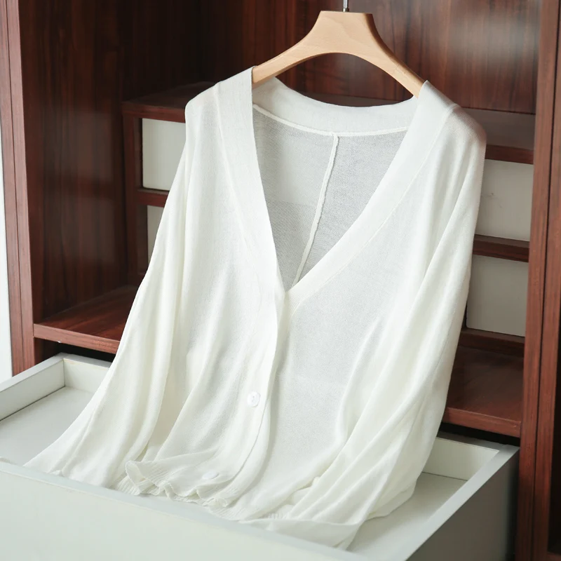 

Ladies Knitted Ice Linen Cardigan Long Sleeve V-Neck Air Conditioning Cardigan Thin Women's Jacket UV Protection Summer New 2023