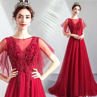 wine red short sleeve evening dresses for women 2020 vintage scoop neck luxury beading appliques elegant formal gown