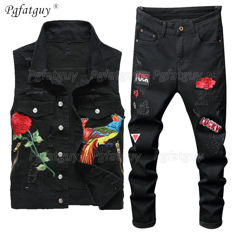 Костюм мужской джинсовый с вышивкой жилет и брюки из потертого денима Фениксом