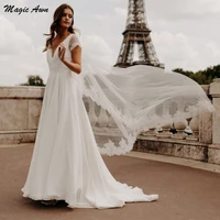 magic awn 2021 bohemian chiffon wedding dresses v neck lace appliques illusion short sleeves beach bridal gowns robes de mariage