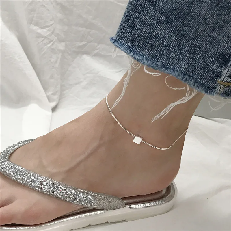 RUIYI Real S925 Silver Women Geometric Square Charm Anklets Female Fashion Feet Jewelry Cross Curb Chain Niche Bracelets | Украшения и