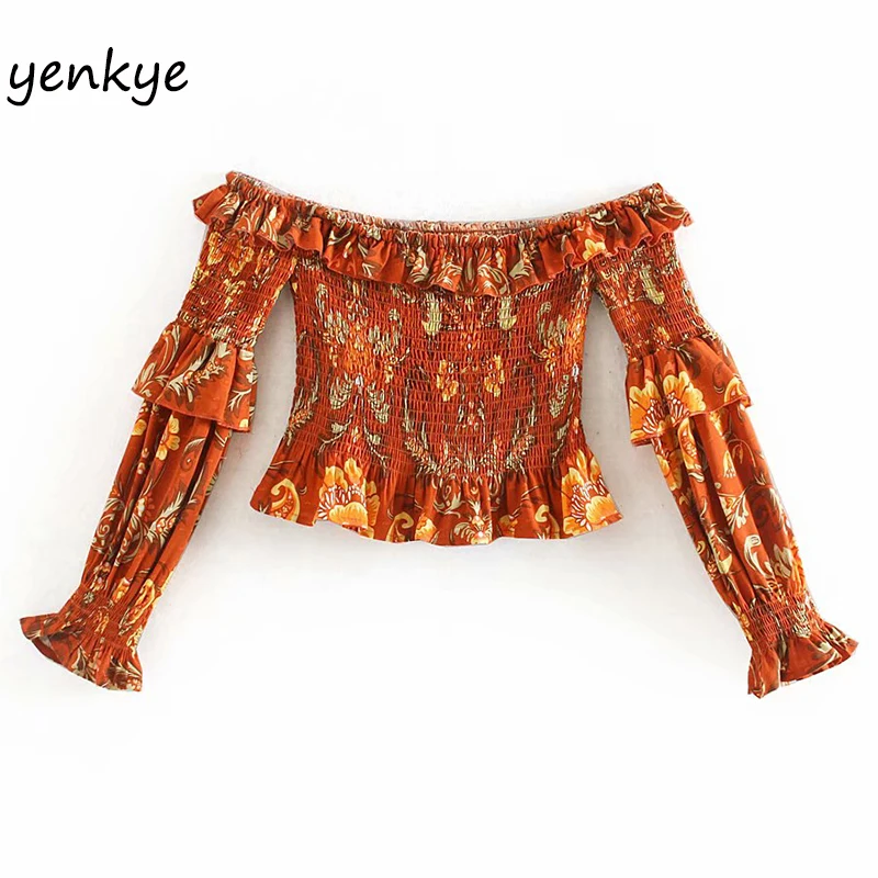 Женский укороченный топ с открытыми плечами длинным рукавом и принтом| |