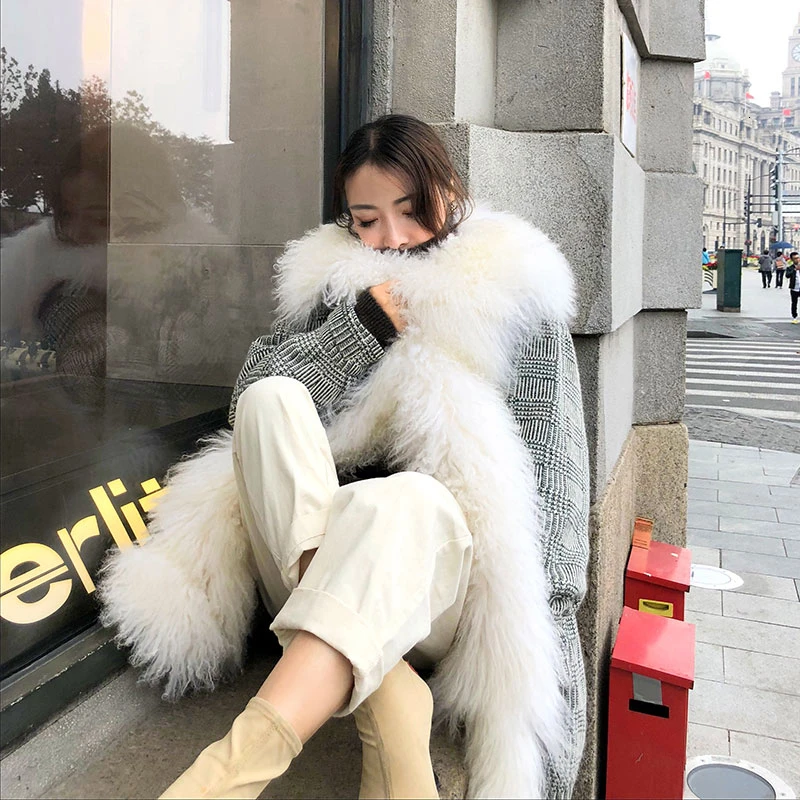 

ZURICHOUSE Luxury Women's White Duck Down Jacket Winter Long Fur Parka 2021 Contrast Color Plaid Roll Wool Collar Down Coats