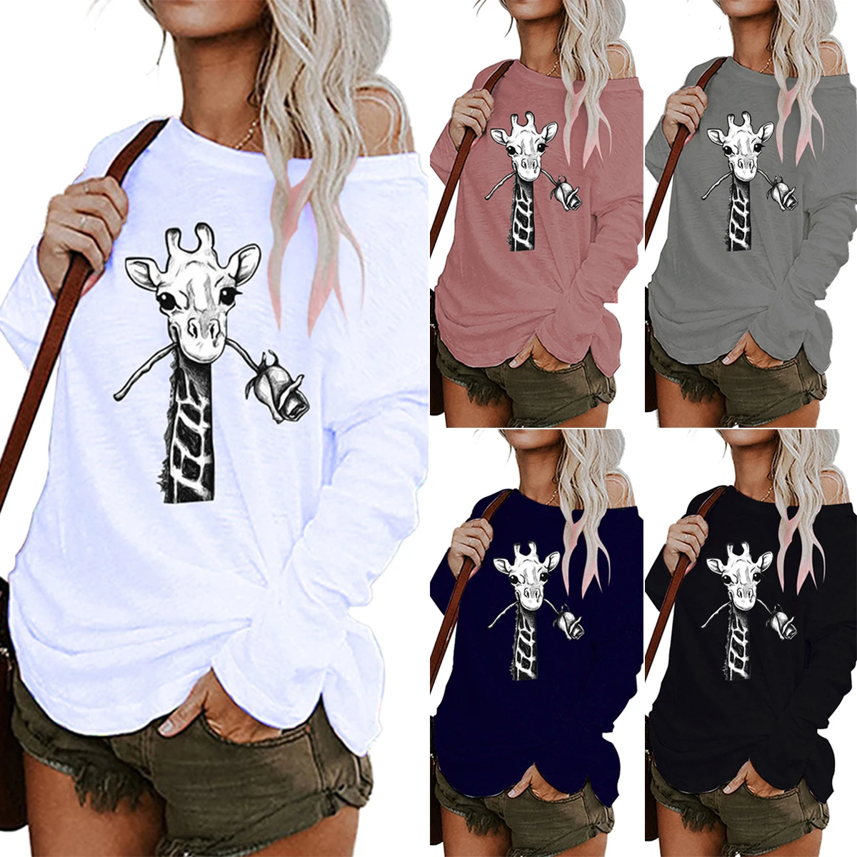 

#w Giraffe Printing Women Shirts Round Collar Long Sleeve Mid Long Length Tops Tshirts Irregular Ladies Clothes Large Size
