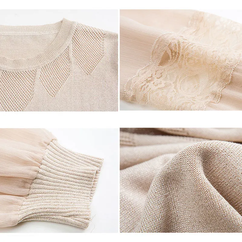 Элегантные шифоновые кружевные вязаные пуловеры в стиле пэчворк Женская