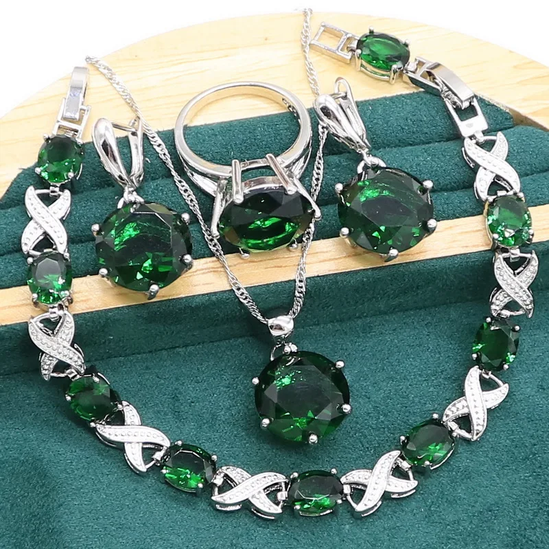 

Round Green Emerald 925 Sterling Silver Jewelry set for Women Party Bracelet Earrings Necklace pendant Ring Birthday Gift