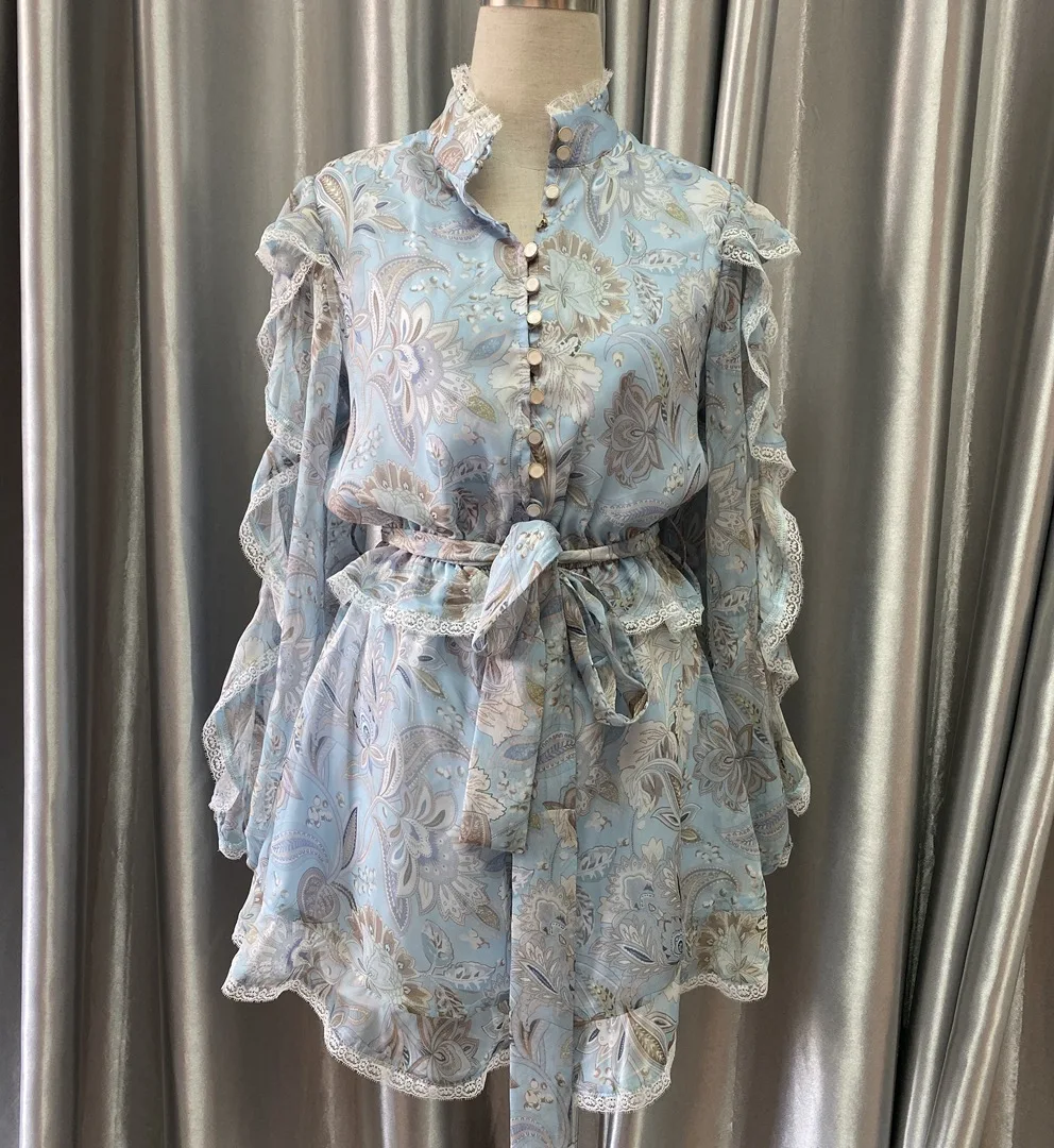 

Women Jumpsuits 2021 Autumn and Winter New Product Fairy Sweet Little Flashing Temperament Light Blue Gray Print Jumpsuit