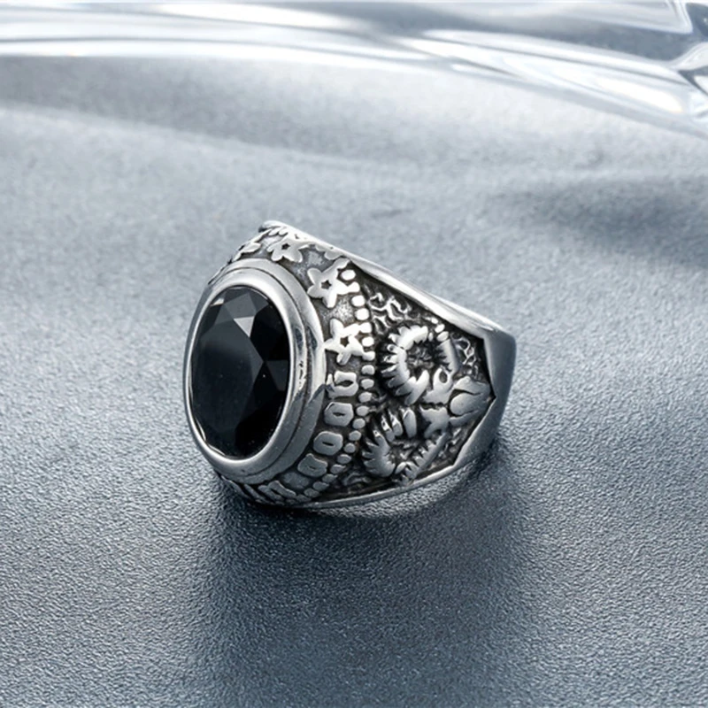 Панк Титан Сталь кольцо для Для мужчин ювелирные изделия черный камень печатка