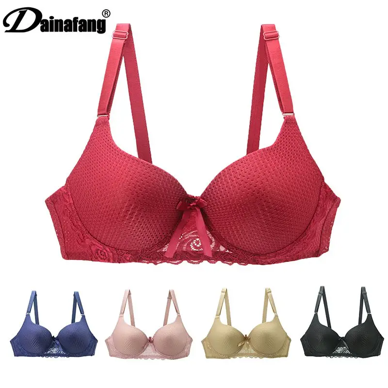 DAINAFANG Sexy Lace Straps Bow Bra Plus Size Womens Lingerie Push Up Underwear Add Two Cups Underwire Brassiere