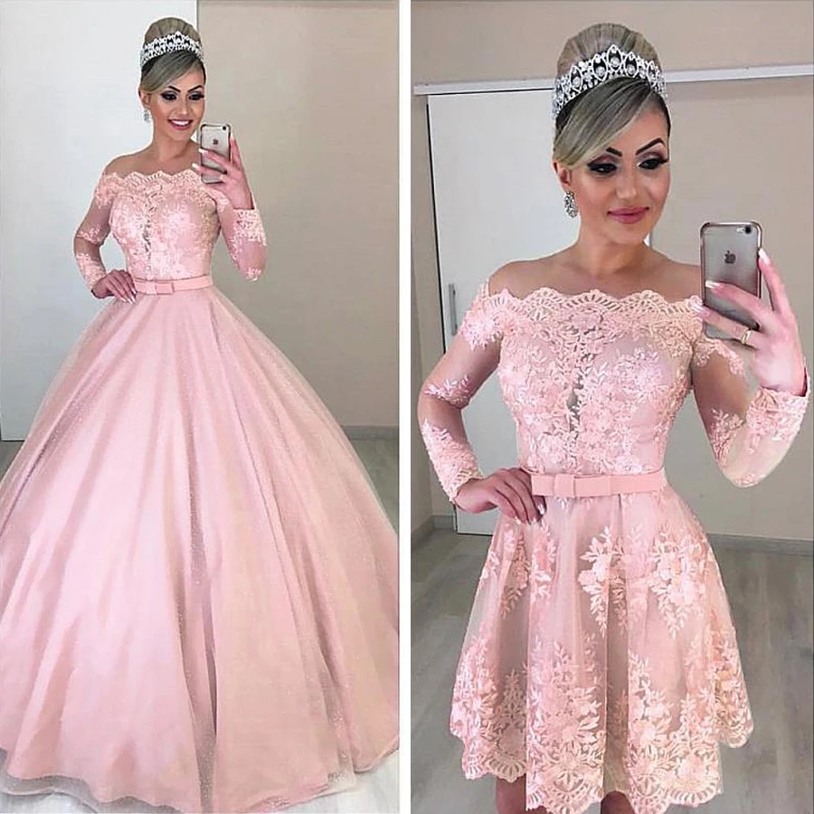 

Unique Tulle Off-the-shoulder Neckline 2 In 1 Wedding Dresses Long Sleeves & Bowknot & Detachable Skirt Pink Bridal Dress