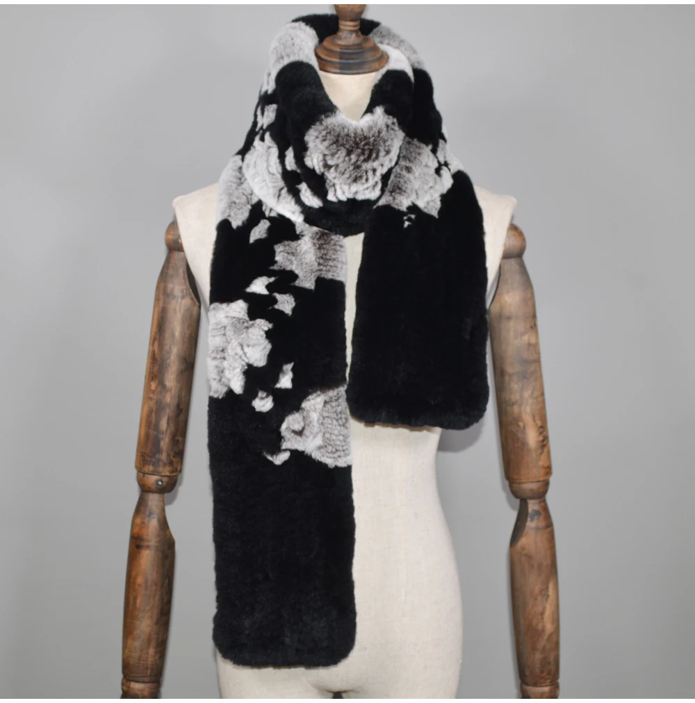 Winter Long Style Women Real Rex Rabbit Fur Scarf Rex Rabbit Fur Warm Soft Ring Scarfs High Quality Knit Rabbit Fur Scarves