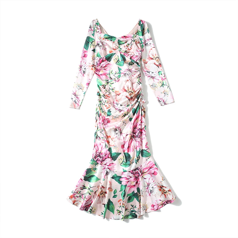 

Merchall Autumn Fashion Runway Long Sleeve Dress Women's Elegant Ruffles Floral Print Midi Mermaid Party Bodycon Dresses