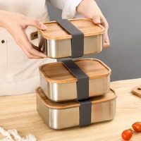 304 stainless steel bento box with bamboo wooden lid lunch box japanese style sandwish snack box spoon fork knife for kids adult