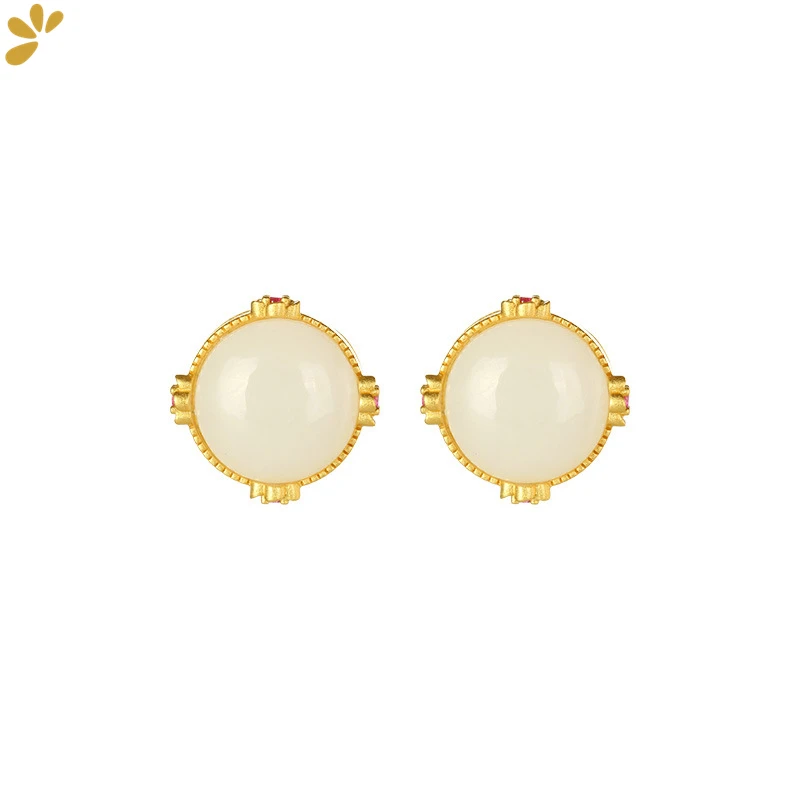 

GEEZENCA 925 sterling Silver Gold Plated White Jade Round Stud Earrings For Women Geometric Trendy Minimalist Earring Fine Jewel
