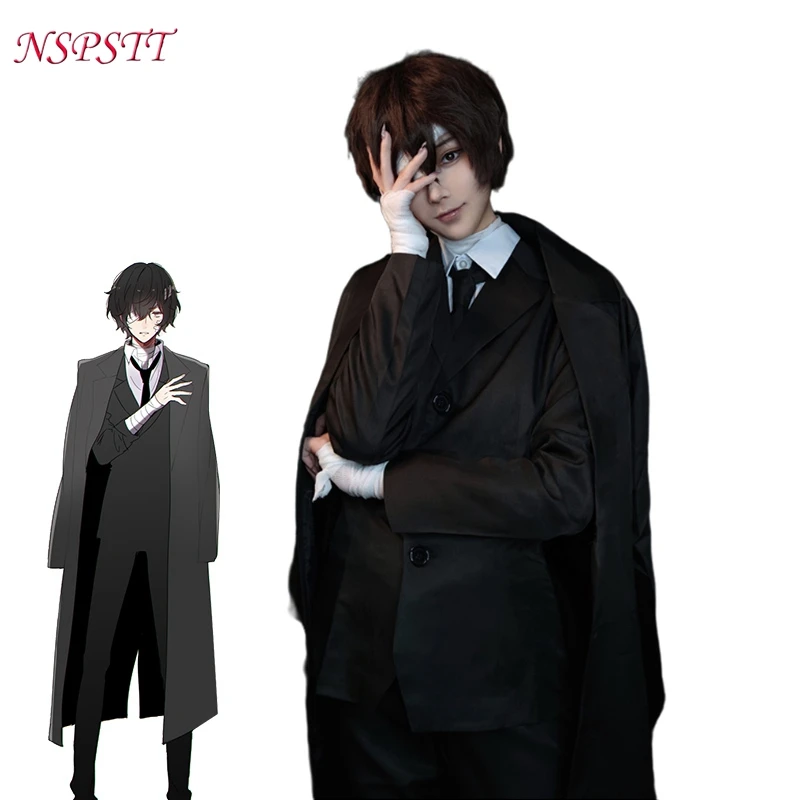 

NSPSTT Dazai Osamu Cosplay Costume Anime Bungou Stray Dogs Cosplay Costume Men Black Trench Pant Tie 4PCS Sets Outfit Halloween