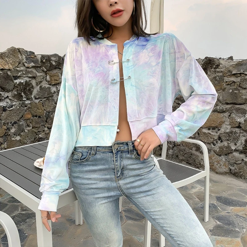 

Women Autumn Long Sleeve Velvet Baseball Coat Gradient Tie-Dye Print Open Front Jacket with Pin Clip Casual Loose Short Outwear