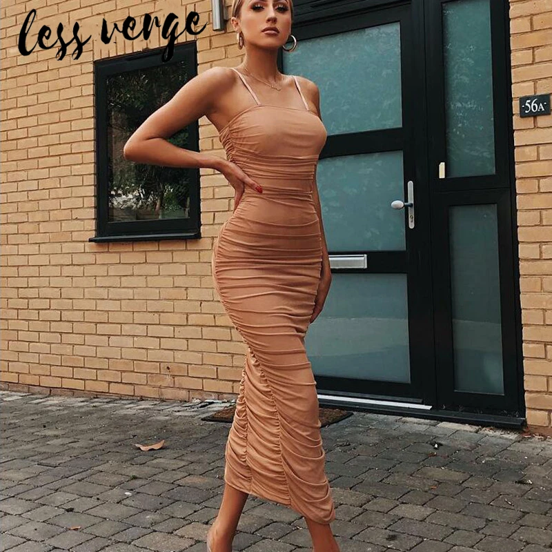 Lessverge Сетчатое Плиссированное облегающее платье женское без бретелек