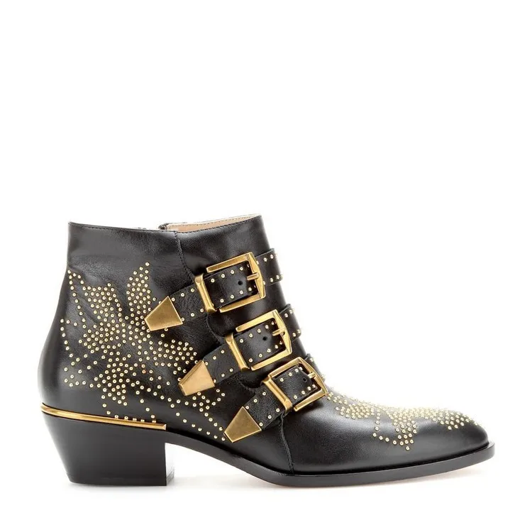 

New ankle boots rivet short boots cowhide thick heel low heel women's shoes in autumn winter 2019