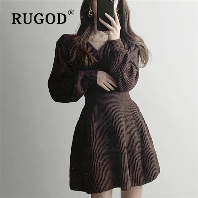 RUGOD однотонные винтажные вязаные платья для женщин корейское шикарное