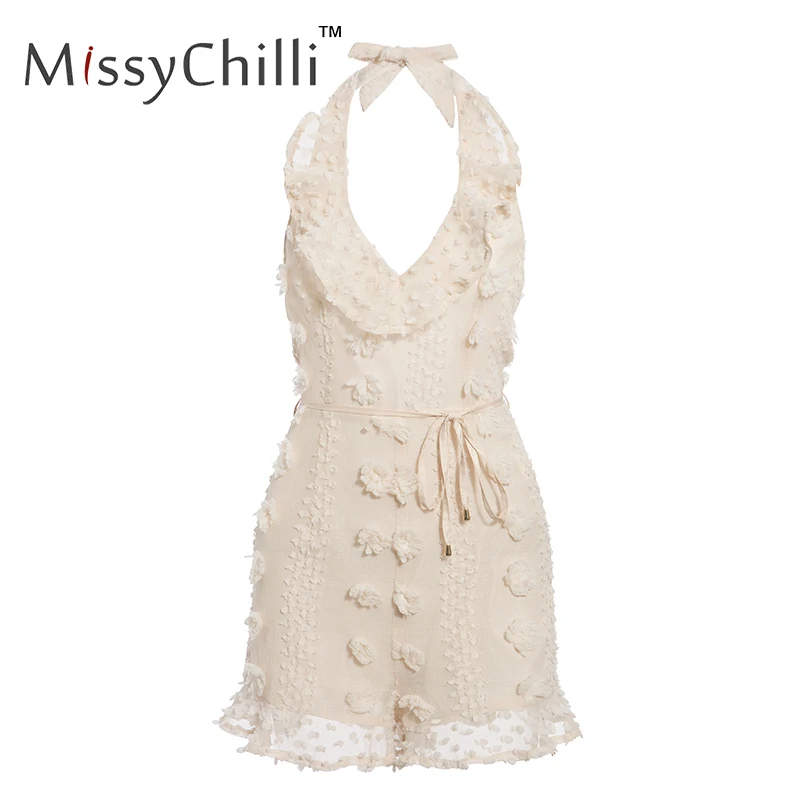 Женский жаккардовый комбинезон MissyChilli короткий без рукавов с оборками и открытой