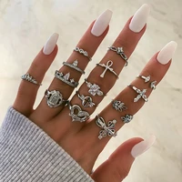 14 pcsset boho maple leaf shape love heart ring fashion all match cross joint rings set finger ring silve color retro jewelry