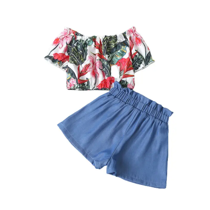 

Baby Toddler Girls Summer Floral Off the Shoulder T-Shirt Tops Shorts Set Outfit