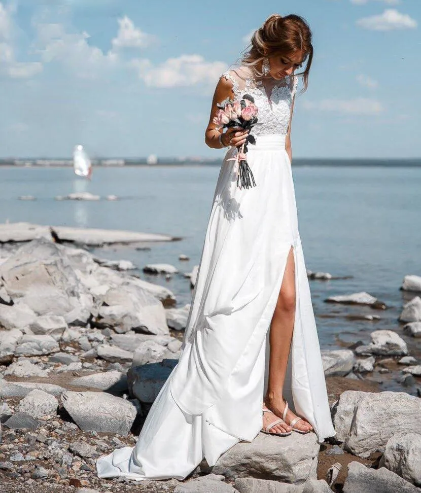 

Beach Chiffon Wedding Dresses Side Split Short Cap Sleeves Court Train V-neck Lace Applique Simple Bridal Gowns Vestido De Noiva