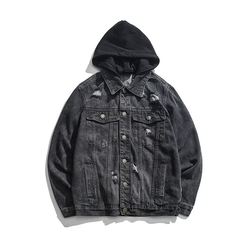 Джинсовая мужская джинсовая куртка с капюшоном Мужское пальто длинным рукавом