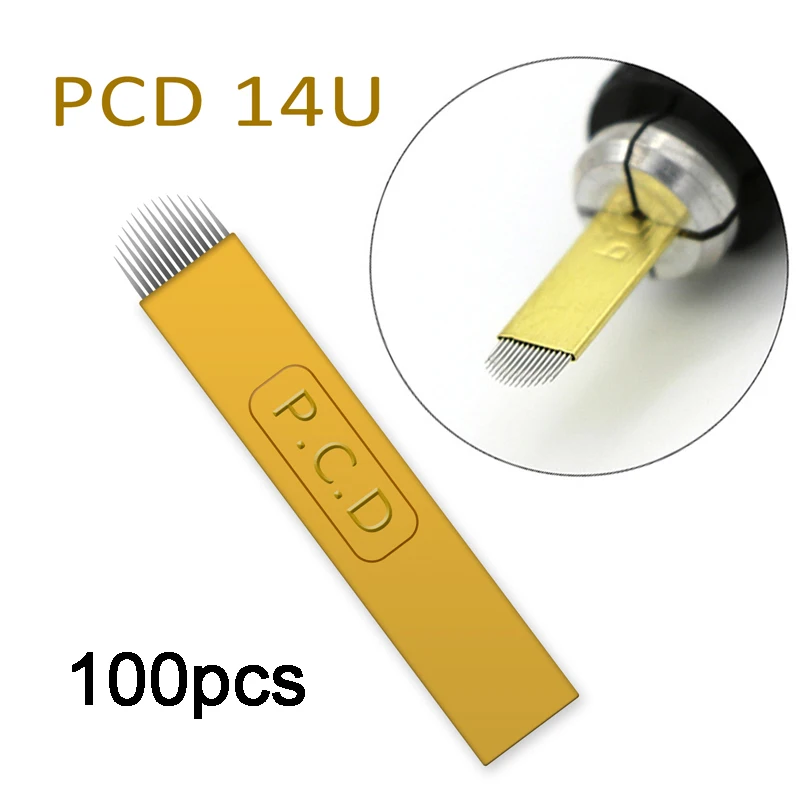 100pcs 14U 100 шт PCD Lamina микроблейдинг tebori 12Pin 14 Pin жесткие лезвия для перманентного макияжа Иглы для татуировки для 3D бровей ручная ручка - Габаритные размеры: 100pcs 14U
