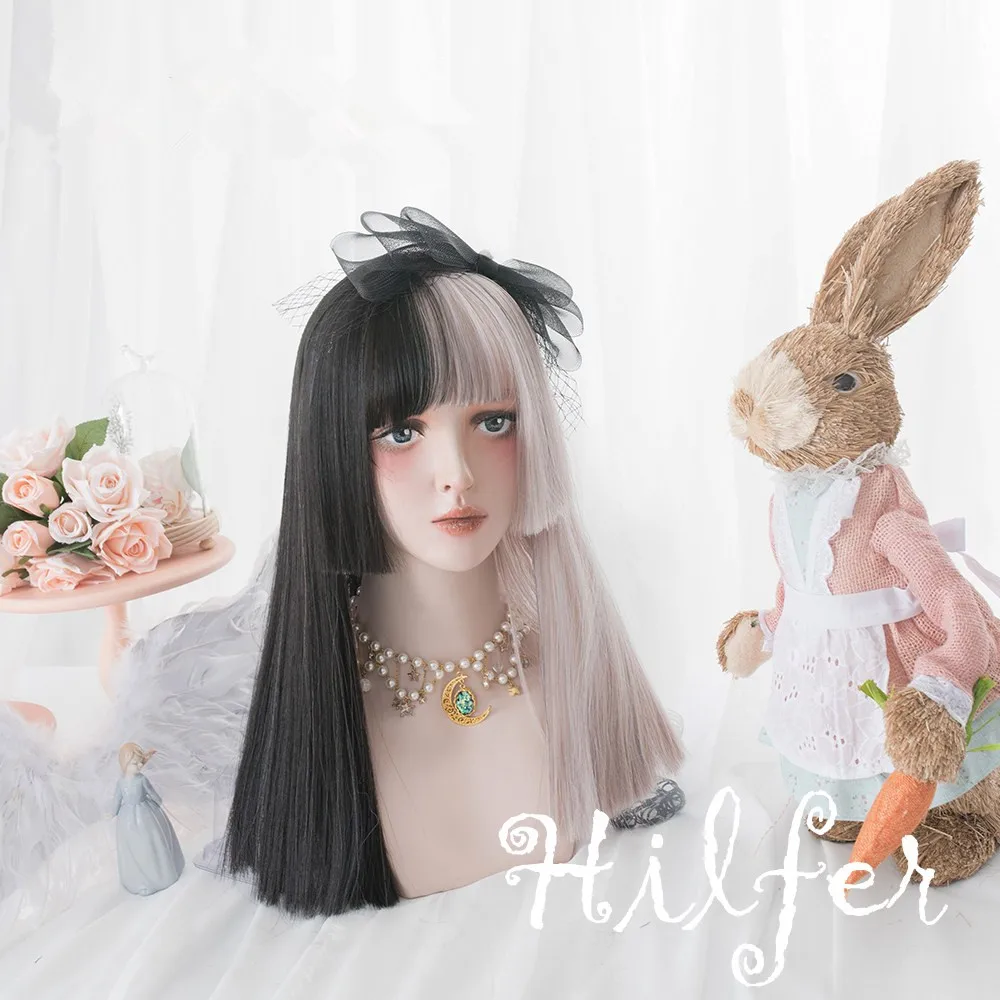 straight hair 48 cm Черно-хаки Лолита косплей парик украшение для волос для девочки тупые челки вьющиеся волосы парик 54 см прямые волосы 48 см - Цвет: straight hair 48 cm