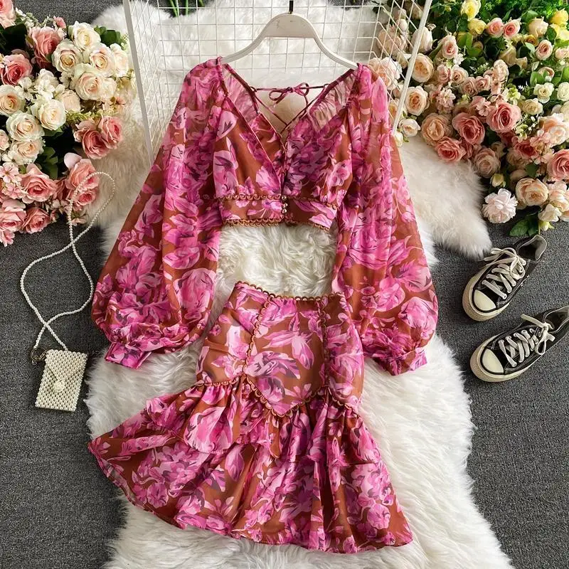 

New Two-piece Set Women's Lantern Sleeve Print shrit And Short Dress Summer 2-Piece Set