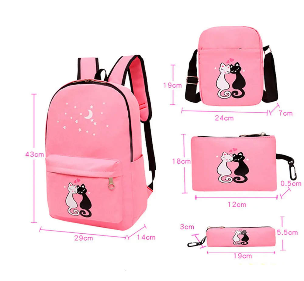 Backpack Women 4pcs/set Cat Printing Canvas School Bags For Teenager Girls Preppy Style Rucksack Cute Book Bag Mochila Feminina
