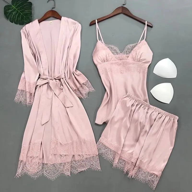 

Lace Sexy Kimono Bathrobe Gown Satin Women Pink Sleepwear Casual Spring Summer New Nightwear Intimate Lingerie Homewear